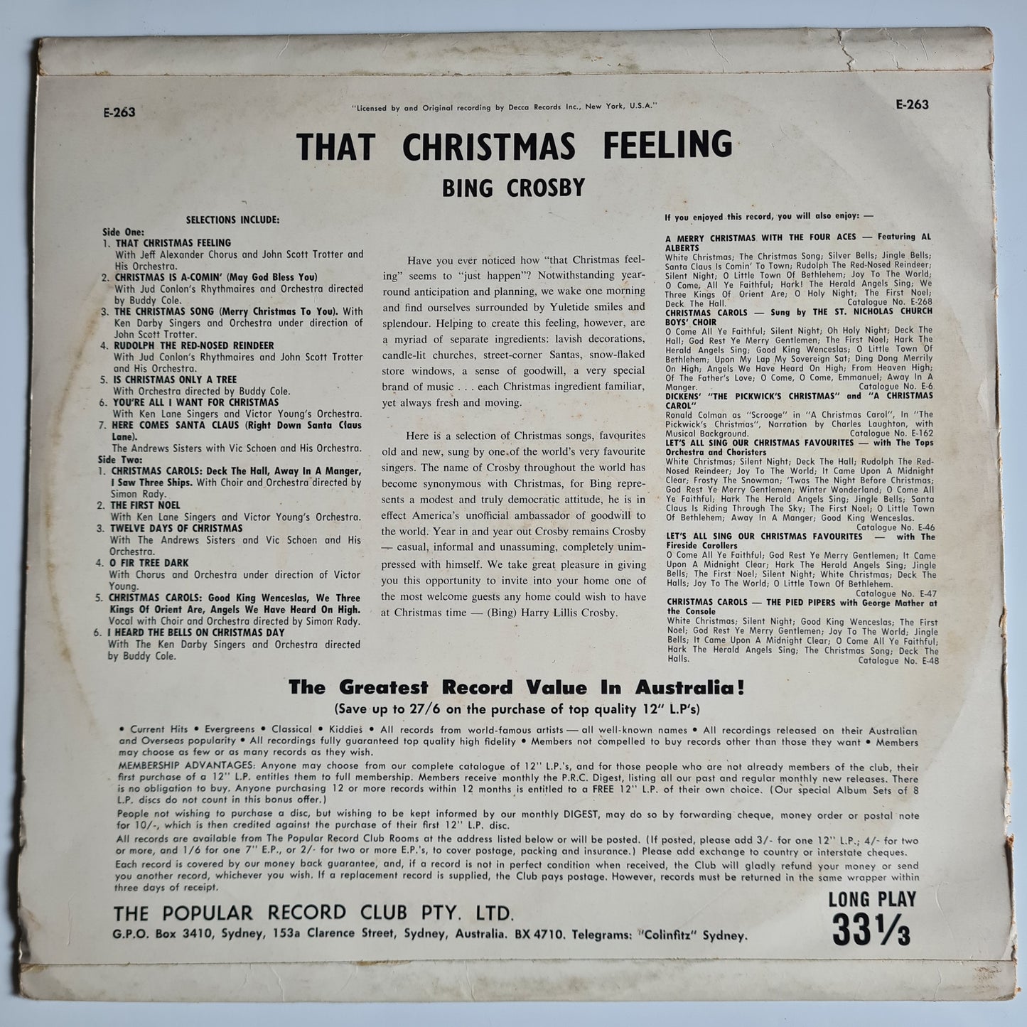 Bing Crosby – That Christmas Feeling - 1958 (MONO Australian Pressing) - Vinyl Record LP