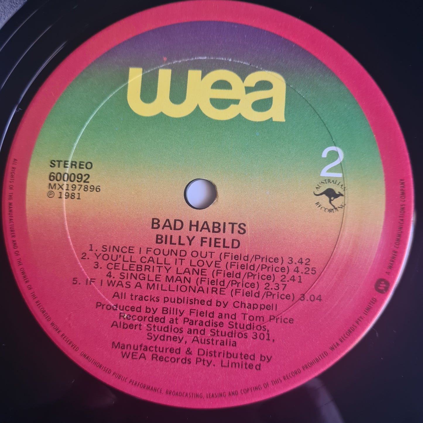 Billy Field - Bad Habits – 1981 - Vinyl Record LP (near mint)