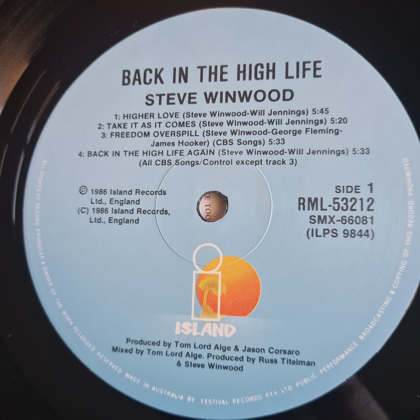 Stevie Winwood – Back In The High Life - 1986 - Vinyl Record LP (near mint)