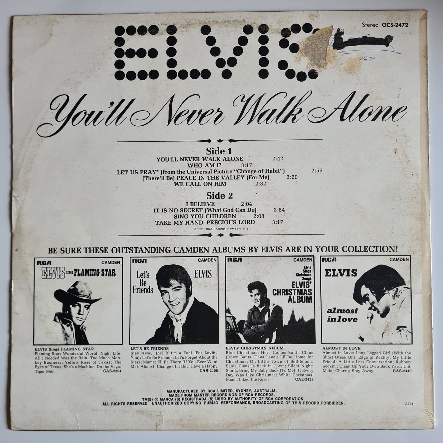 Elvis Presley – You'll Never Walk Alone - 1971 - Vinyl Record LP