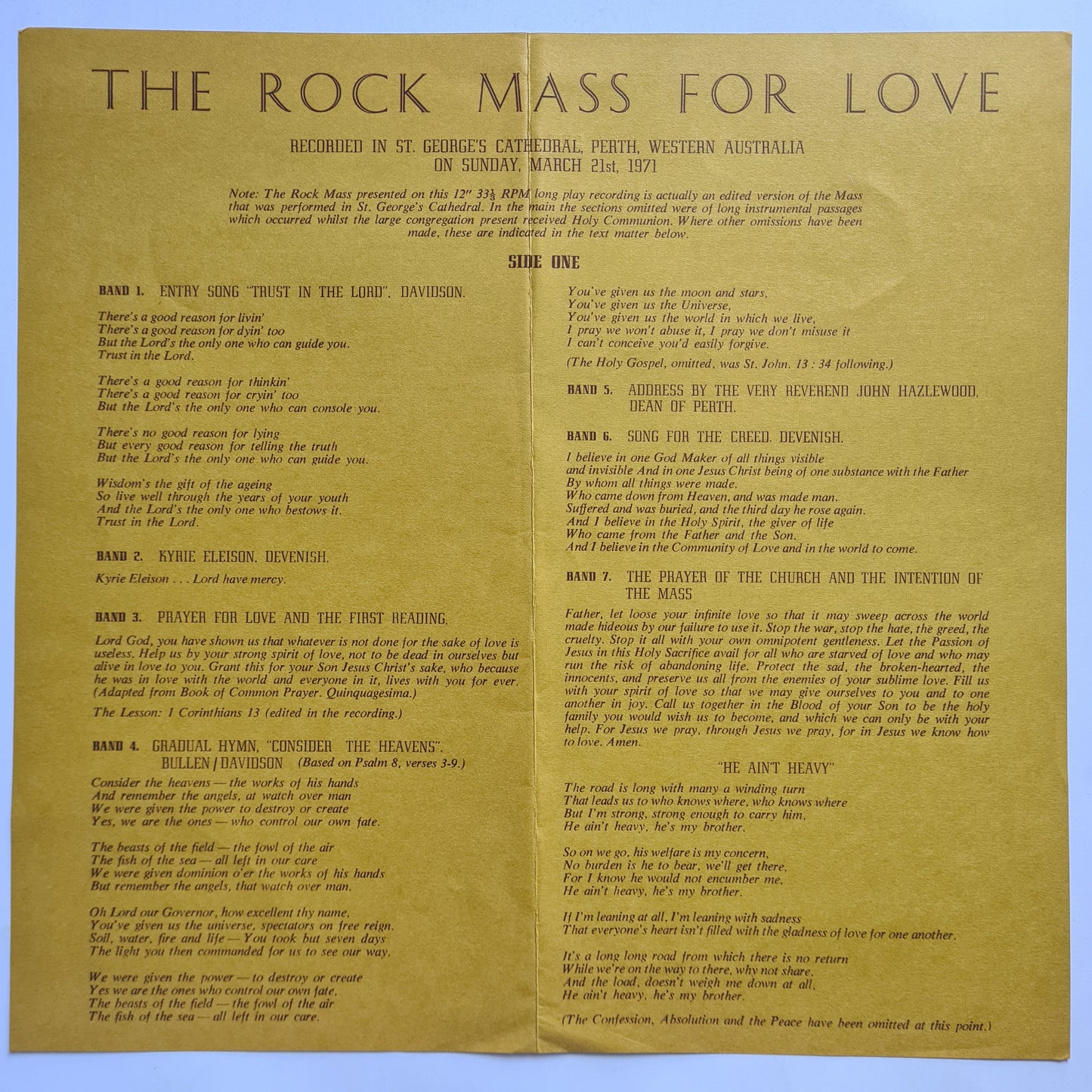 Bakery – Rock Mass For Love - 1971 - Vinyl Record LP