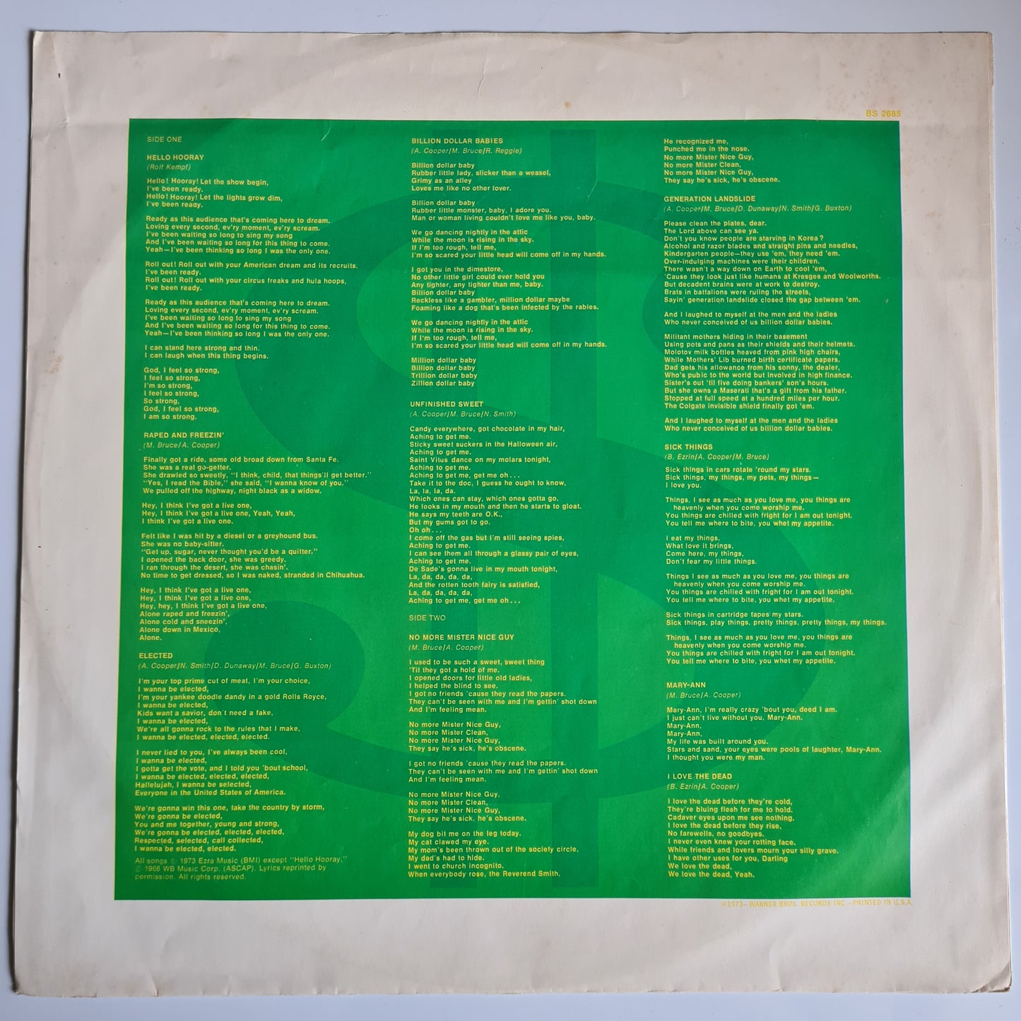 Alice Cooper – Billion Dollar Babies - 1973 (1975 USA Pressing) - Vinyl Record LP