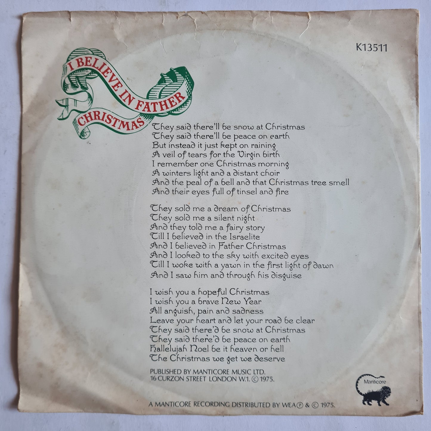 Greg Lake – I Believe In Father Christmas - 1975 - Vinyl Record 7" Single