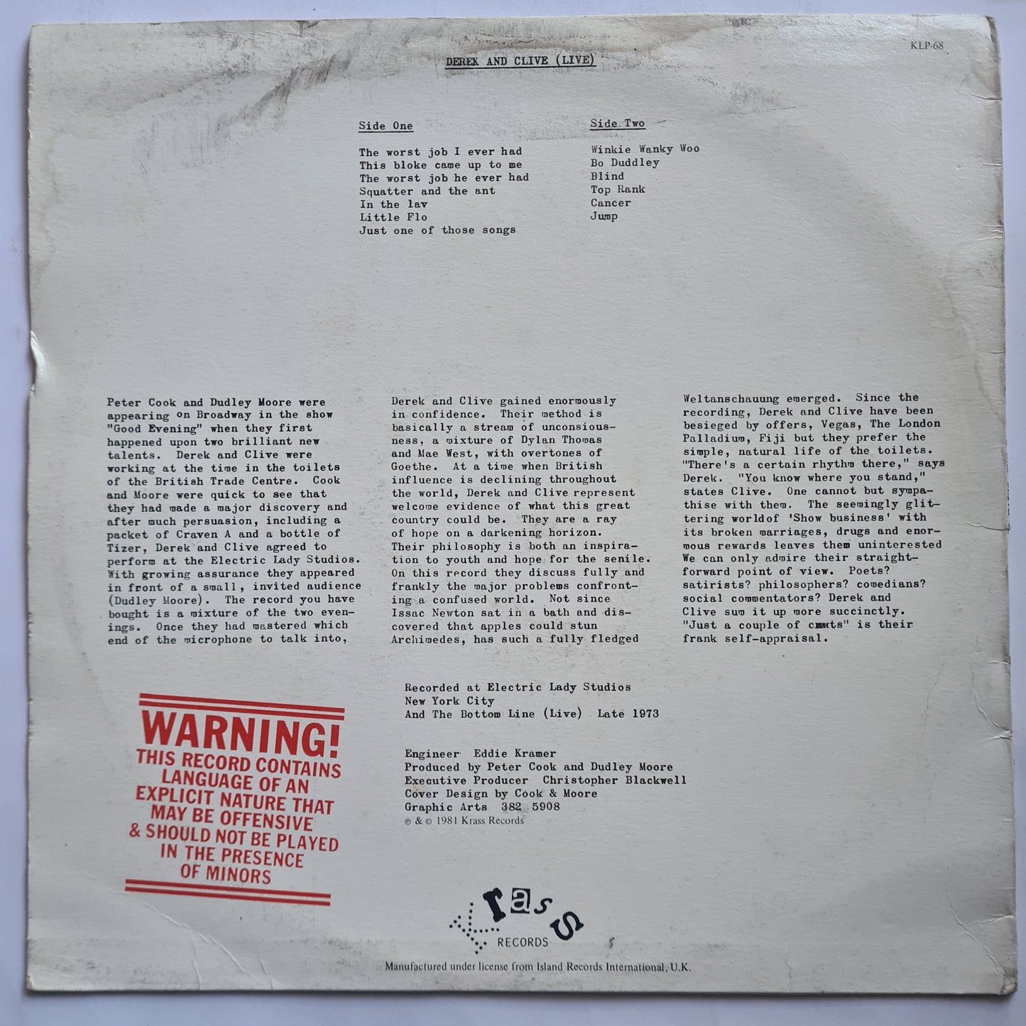 Peter Cook & Dudley Moore – Derek & Clive (LIVE) - 1981 - Vinyl Record LP