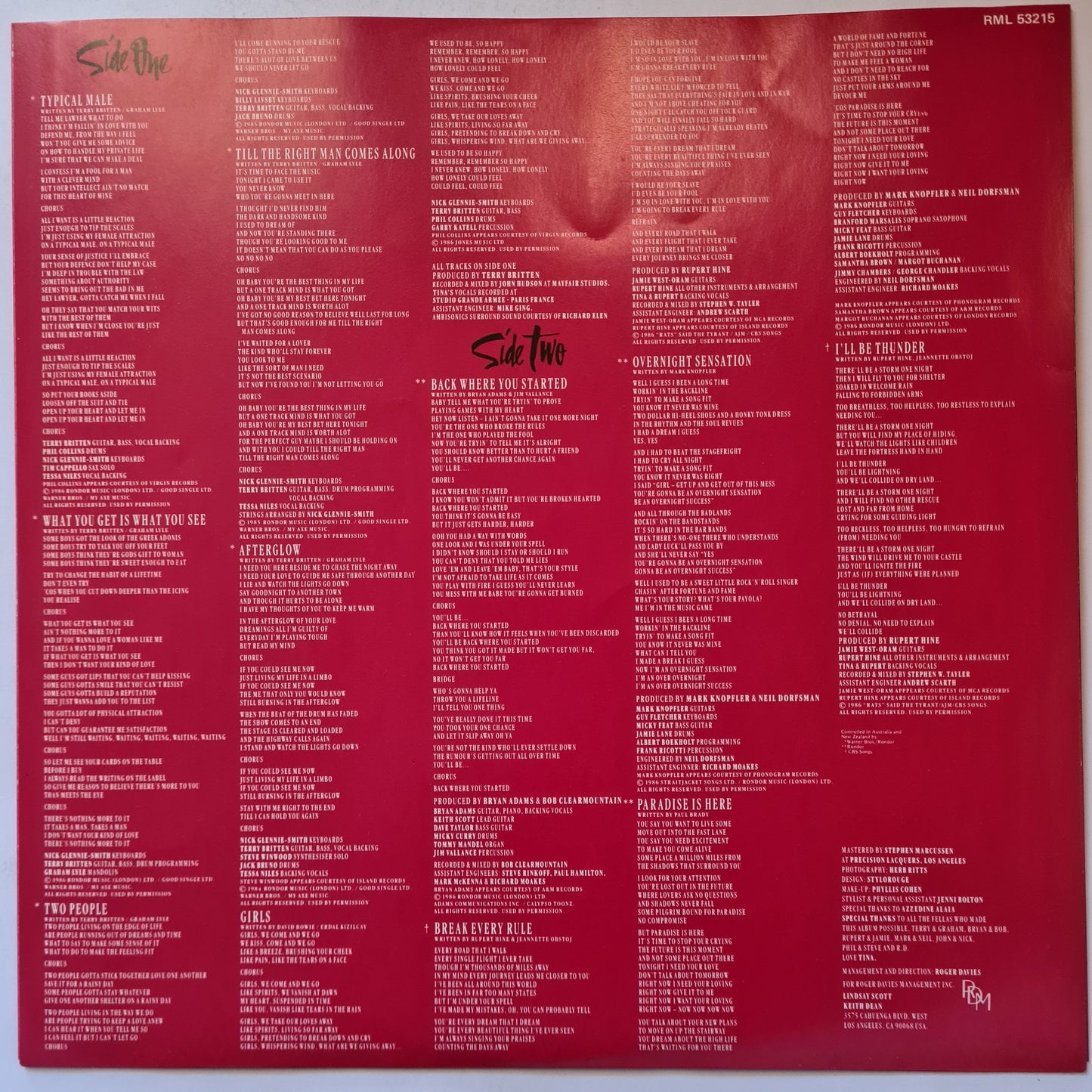 Tina Turner – Break Every Rule - 1986 - Vinyl Record LP