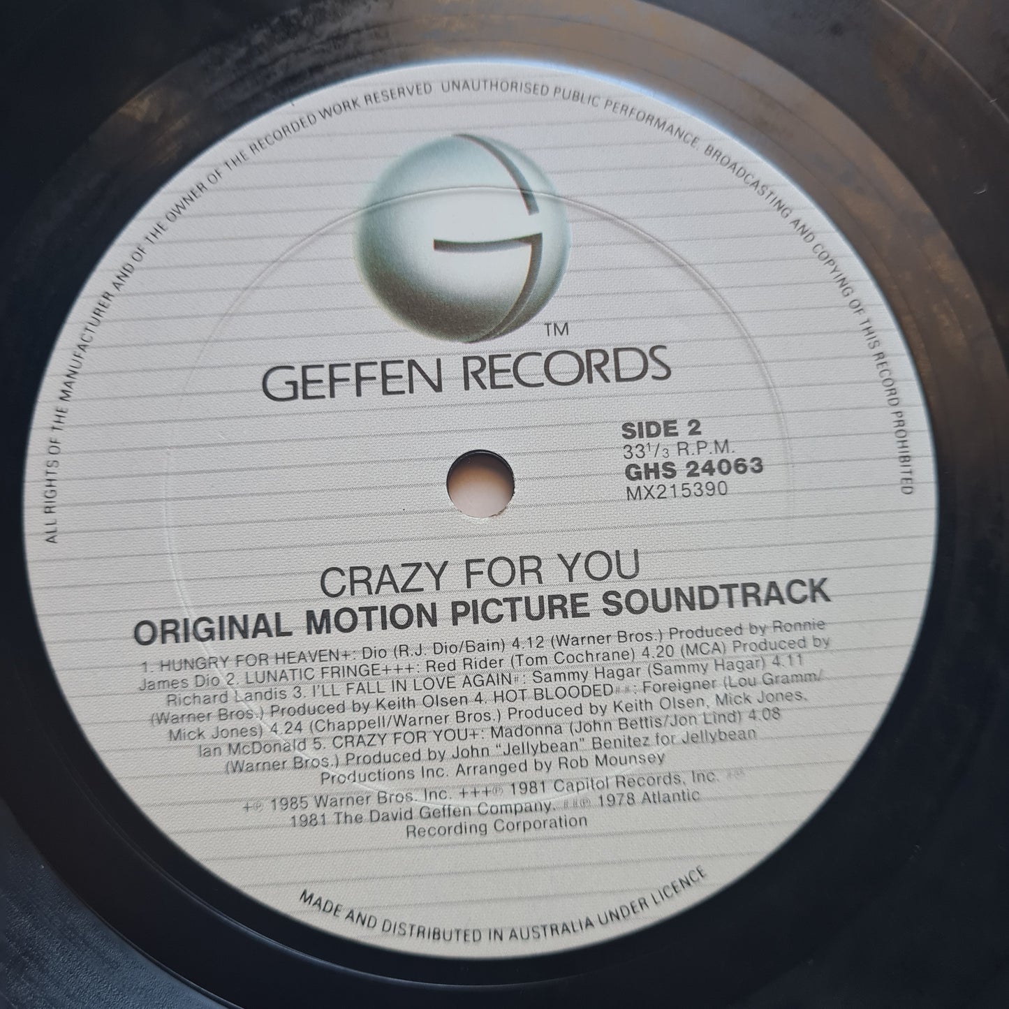 Crazy For You: Original motion Picture Soundtrack – Madonna, Dio, Journey, Sammy Hagar, etc- 1985 - Vinyl Record (Copy)
