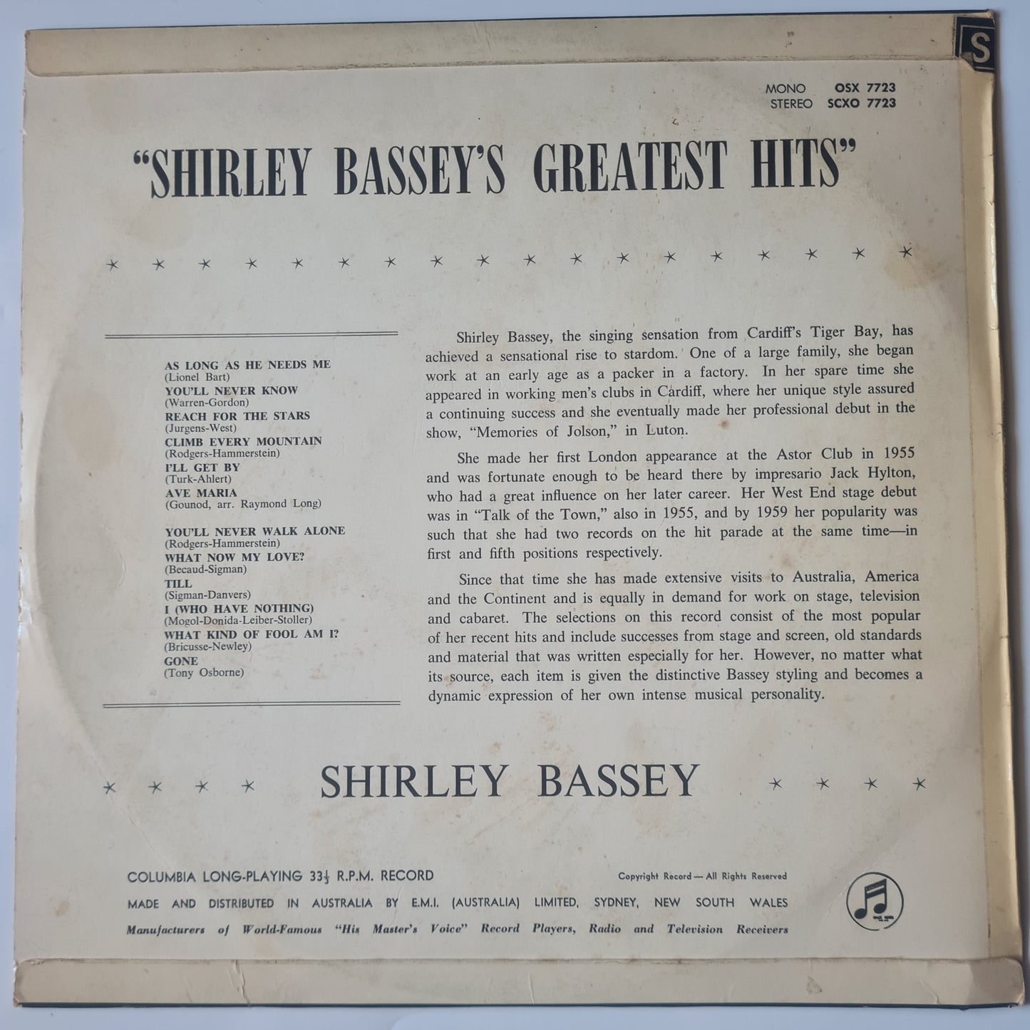 Shirley Bassey – Shirley Bassey's Greatest Hits - 1968 - Vinyl Record LP
