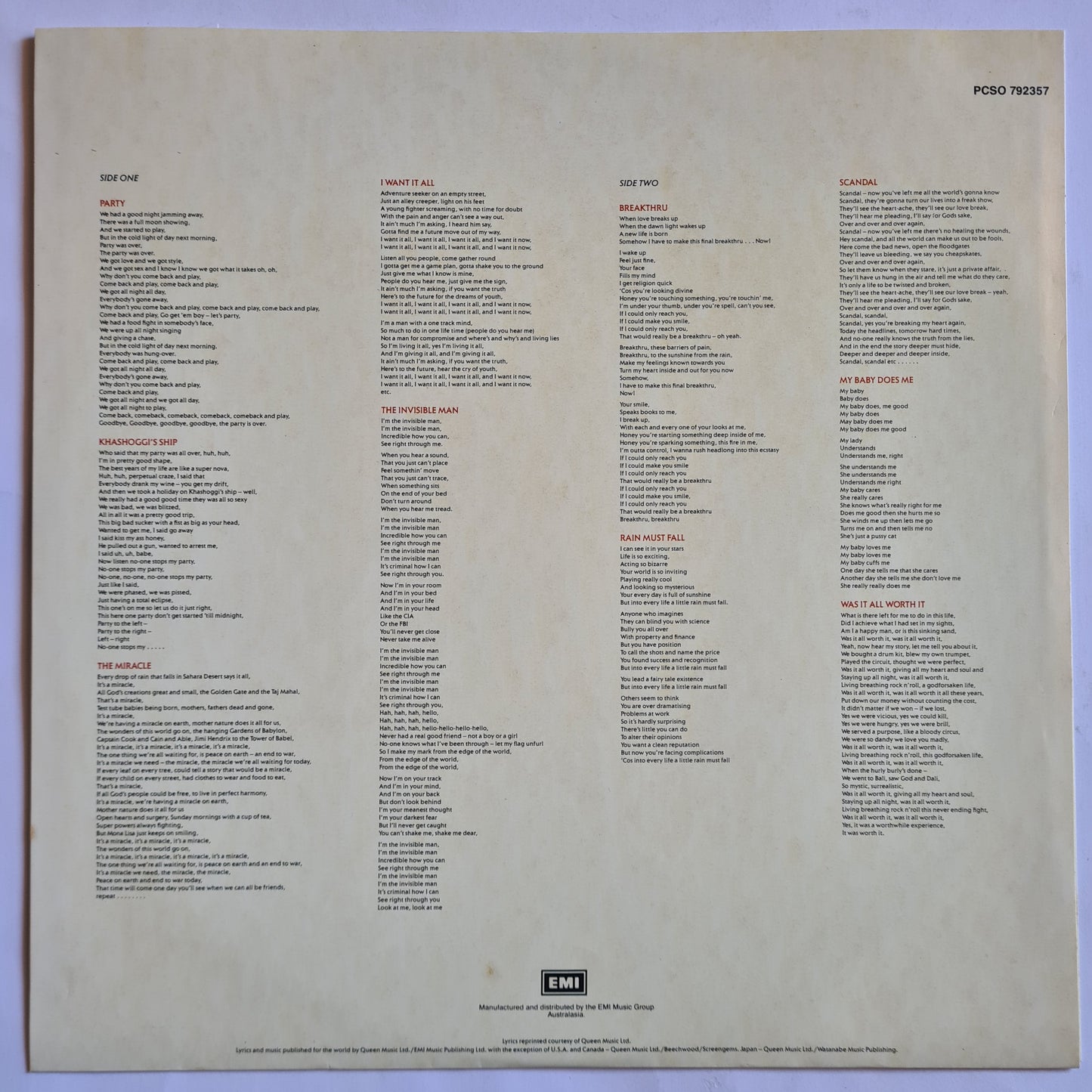 Queen – The Miracle - 1989 (Australasia Pressing) - Vinyl Record LP (near mint)