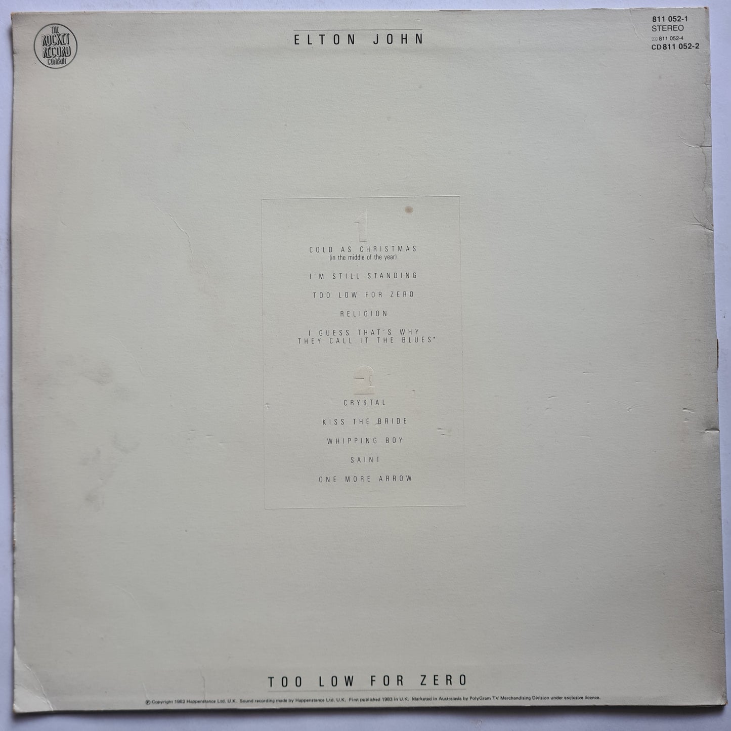 Elton John – Too Low For Zero - 1983 - Vinyl Record LP