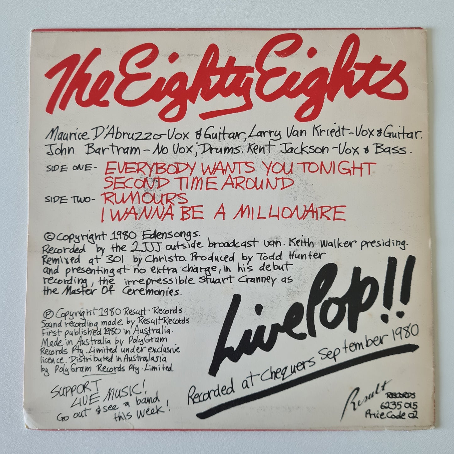 The Eighty Eights –  Live Pop!! - 1980 - Vinyl Record 7" EP 45