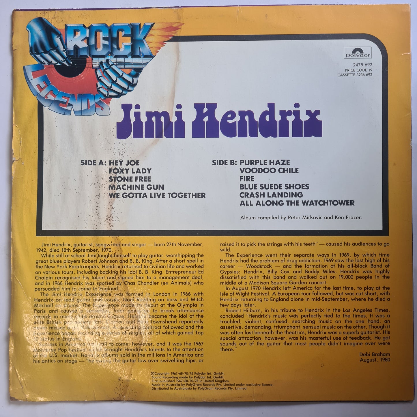Jimi Hendrix – Rock Legends - 1980 - Vinyl Record LP