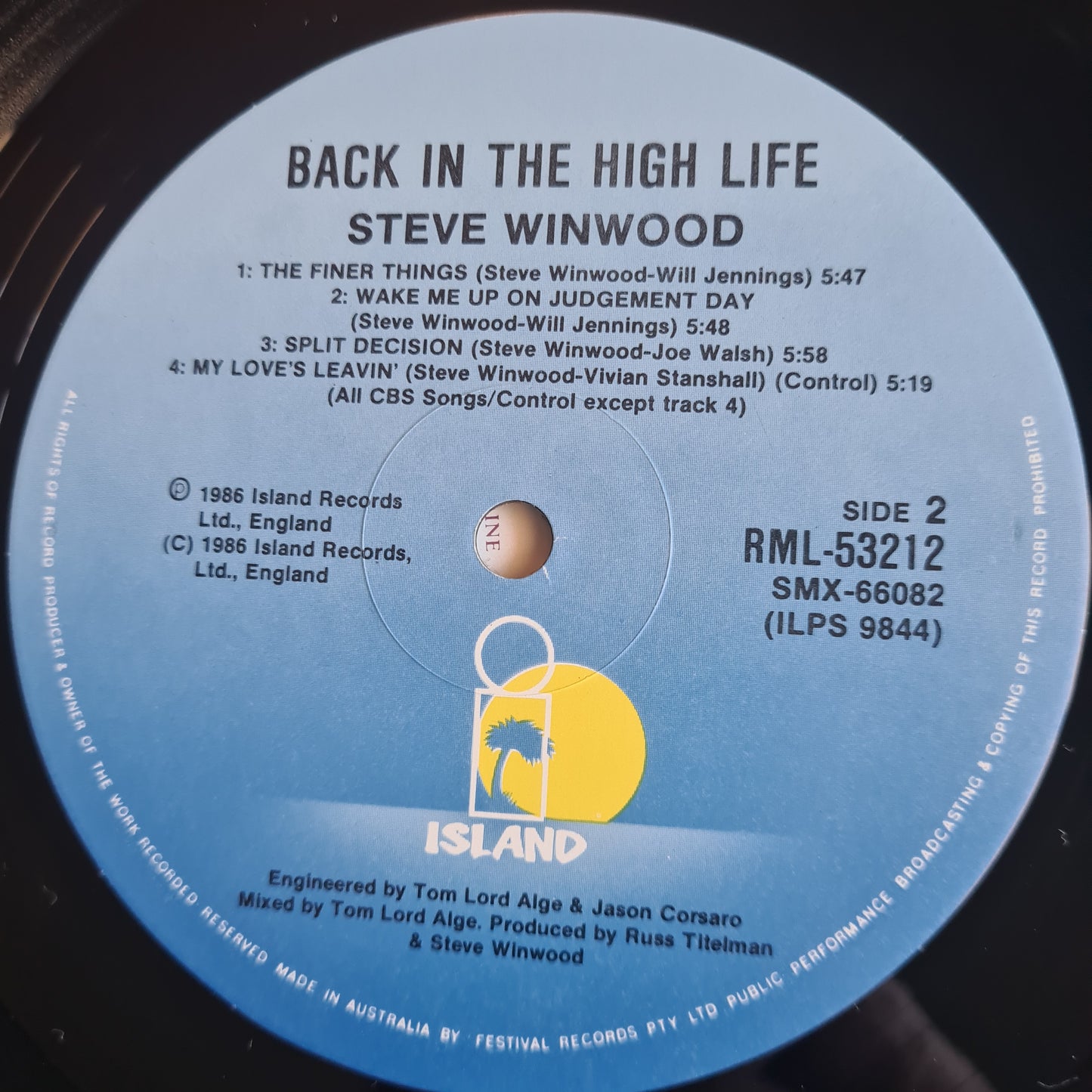 Stevie Winwood – Back In The High Life - 1986 - Vinyl Record LP (near mint)