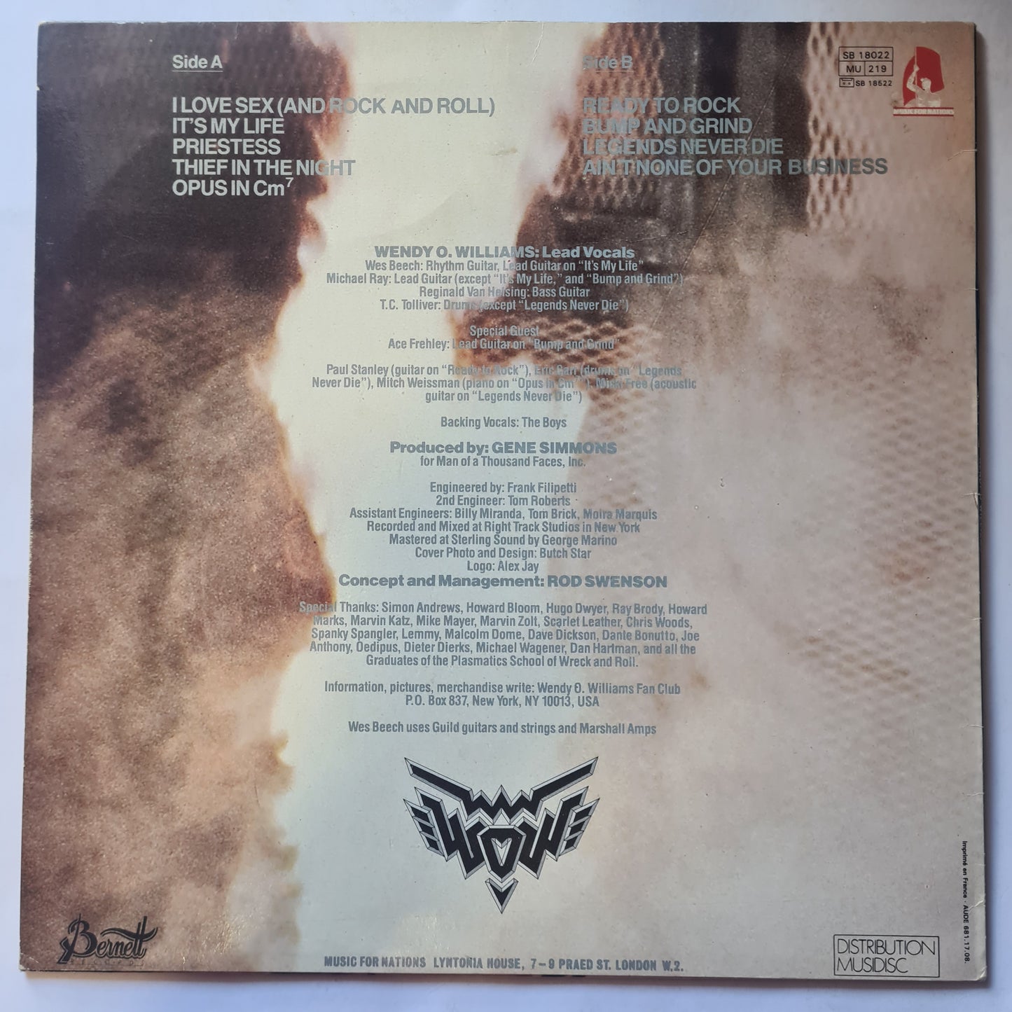 Wendy O. Williams – WOW - 1984 (French Pressing) - Vinyl Record LP