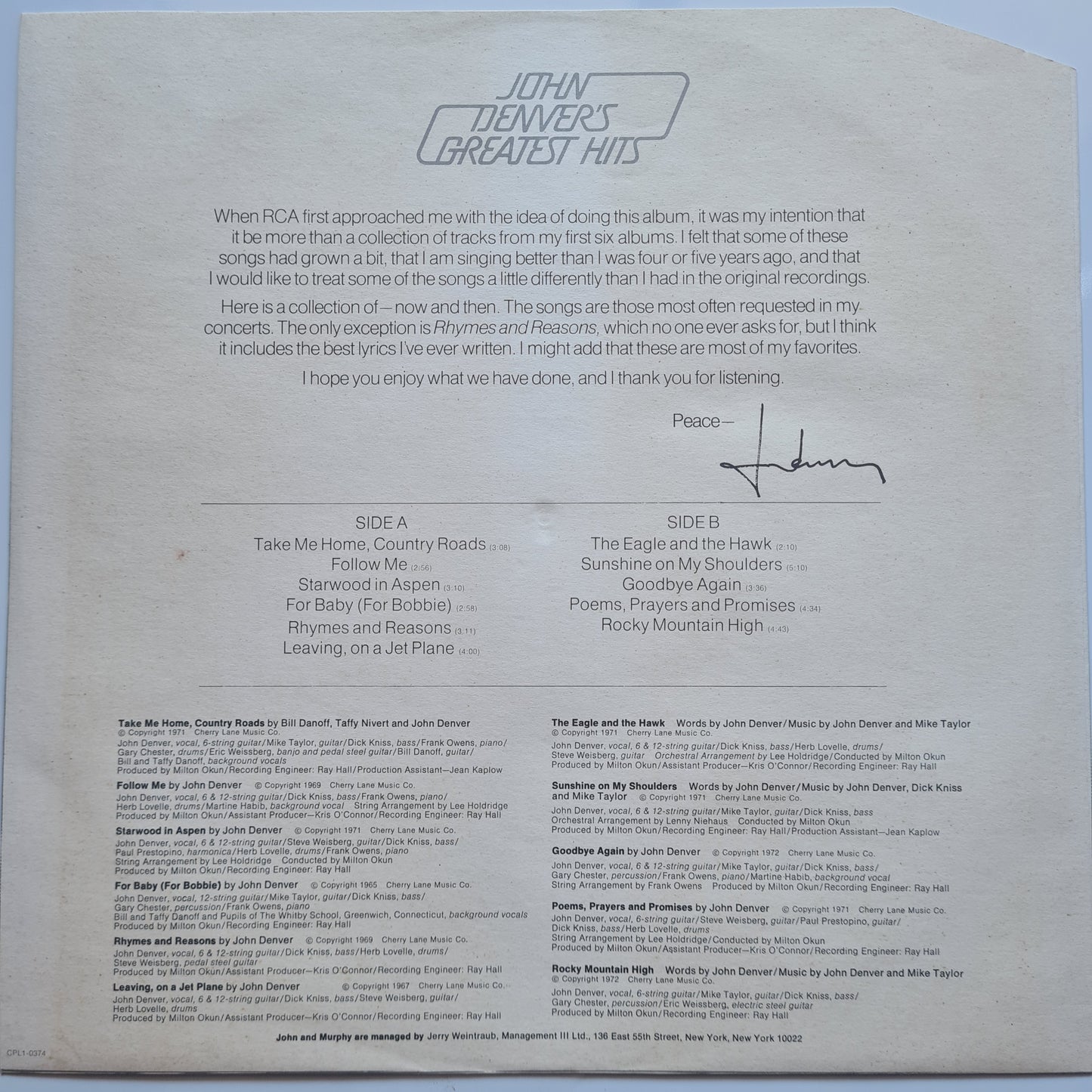 John Denver – John Denver's Greatest Hits - 1973 - Vinyl Record LP