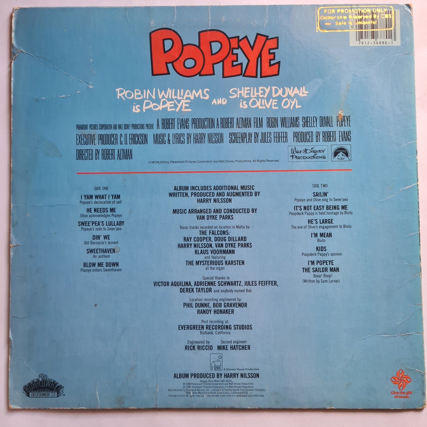 Various (Harry Nilsson) – Popeye - Original Motion Picture Soundtrack Album - 1980 Vinyl Record