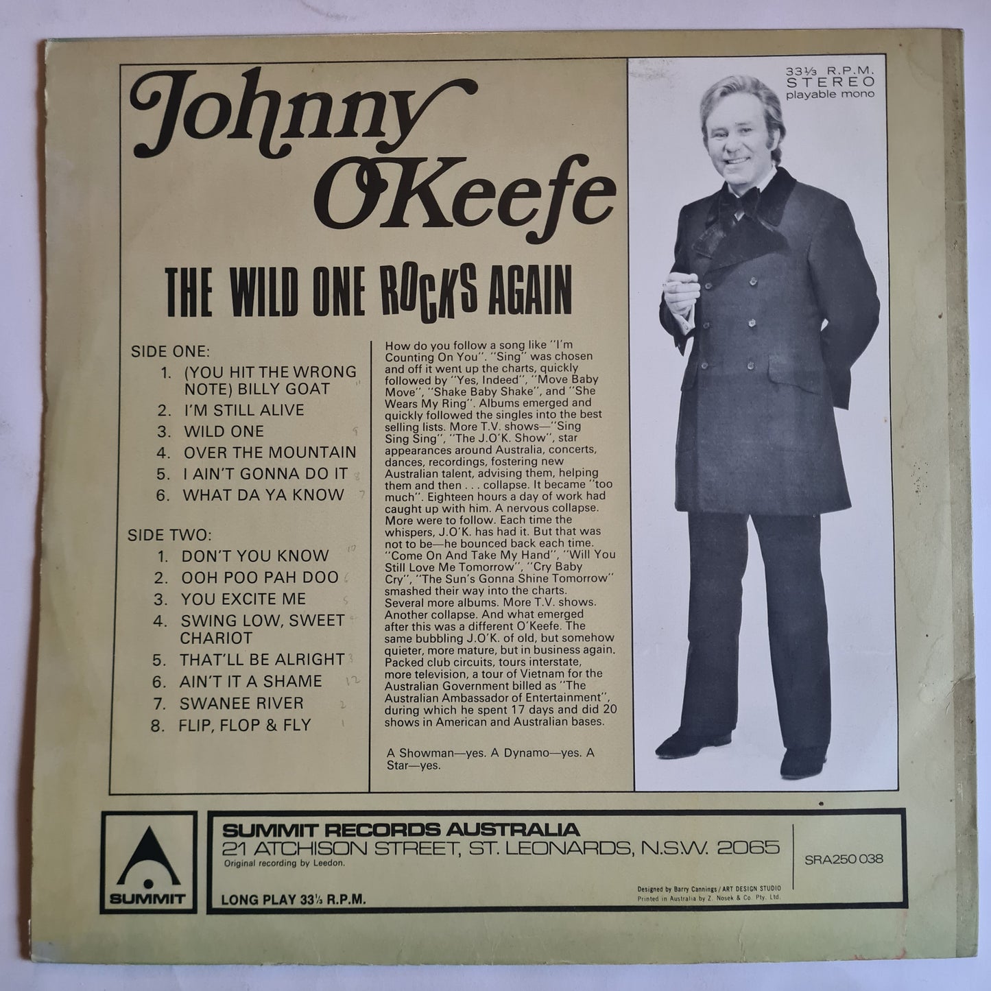 Johnny OKeefe – The Wild One Rocks Again - 1972 - Vinyl Record LP
