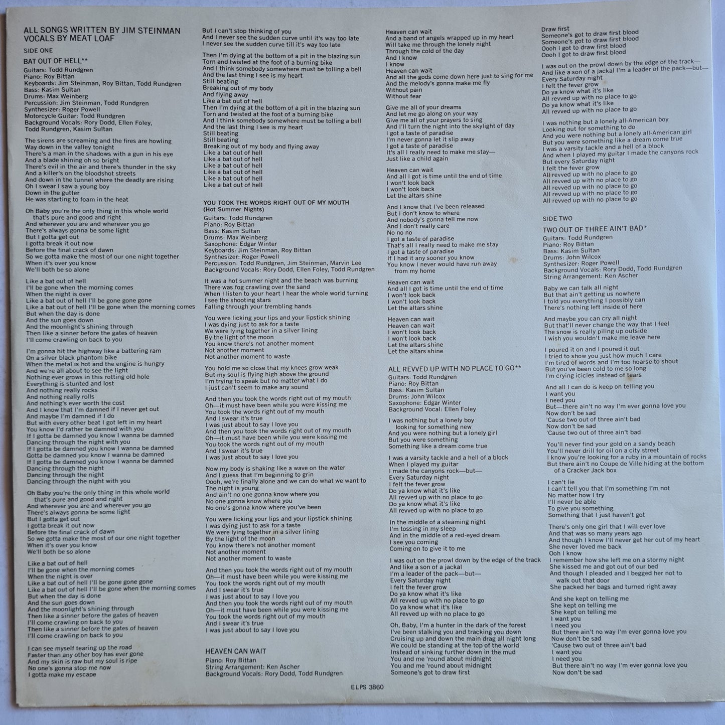 Meat loaf – Bat Out Of Hell - 1977 - Vinyl Record LP (Excellent)