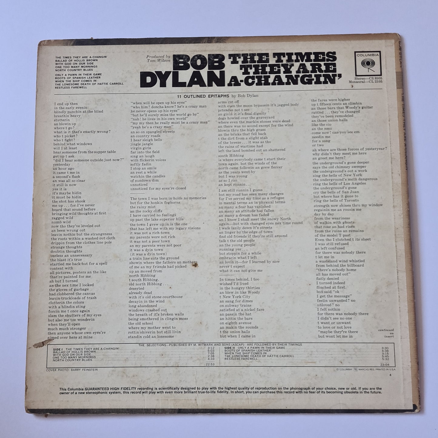 Bob Dylan – The Times They Are A-Changin' (Mono) - 1964 - Vinyl Record